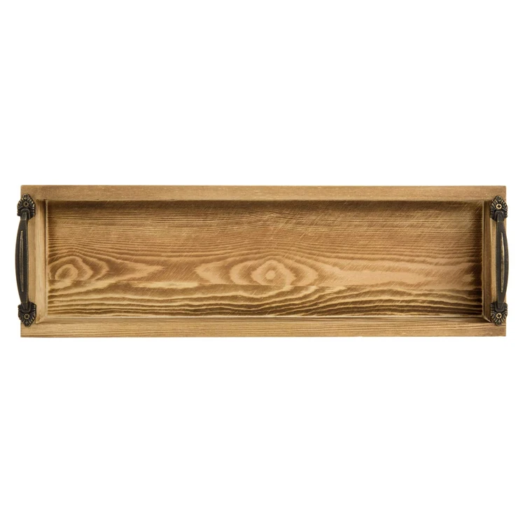 16 Inch Rustic Burnt Long Wood Serving Tray Rectangular Serving Tray with Handles