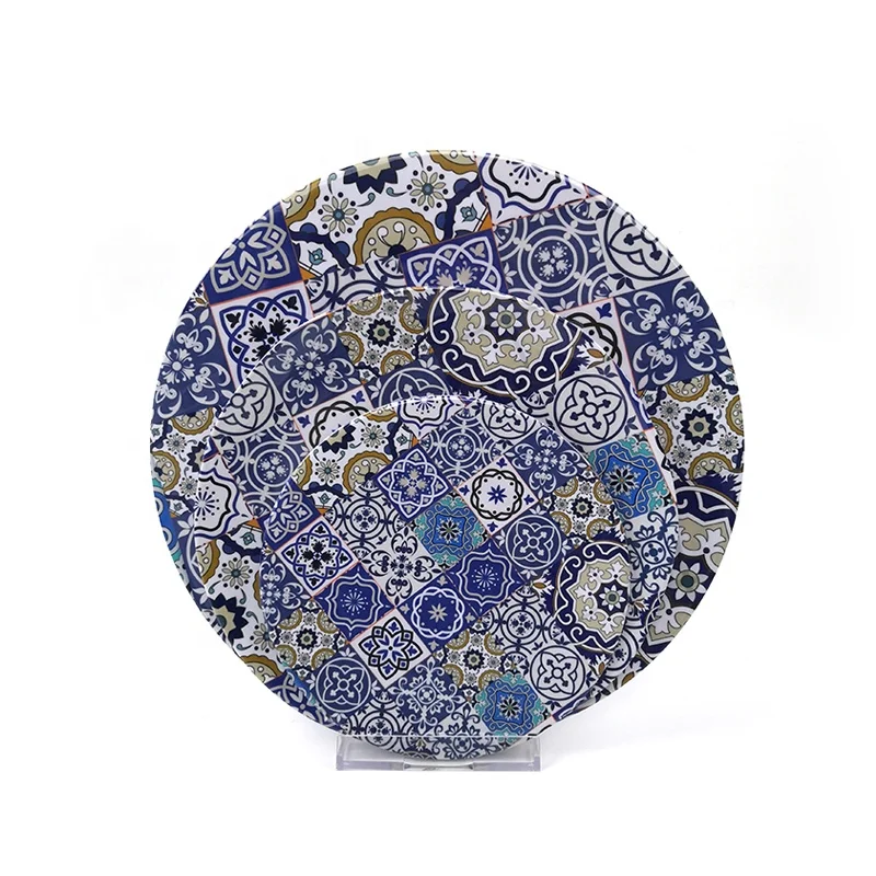 
BSCI Factory blue style design round custom melamine cake tableware dinner plate 