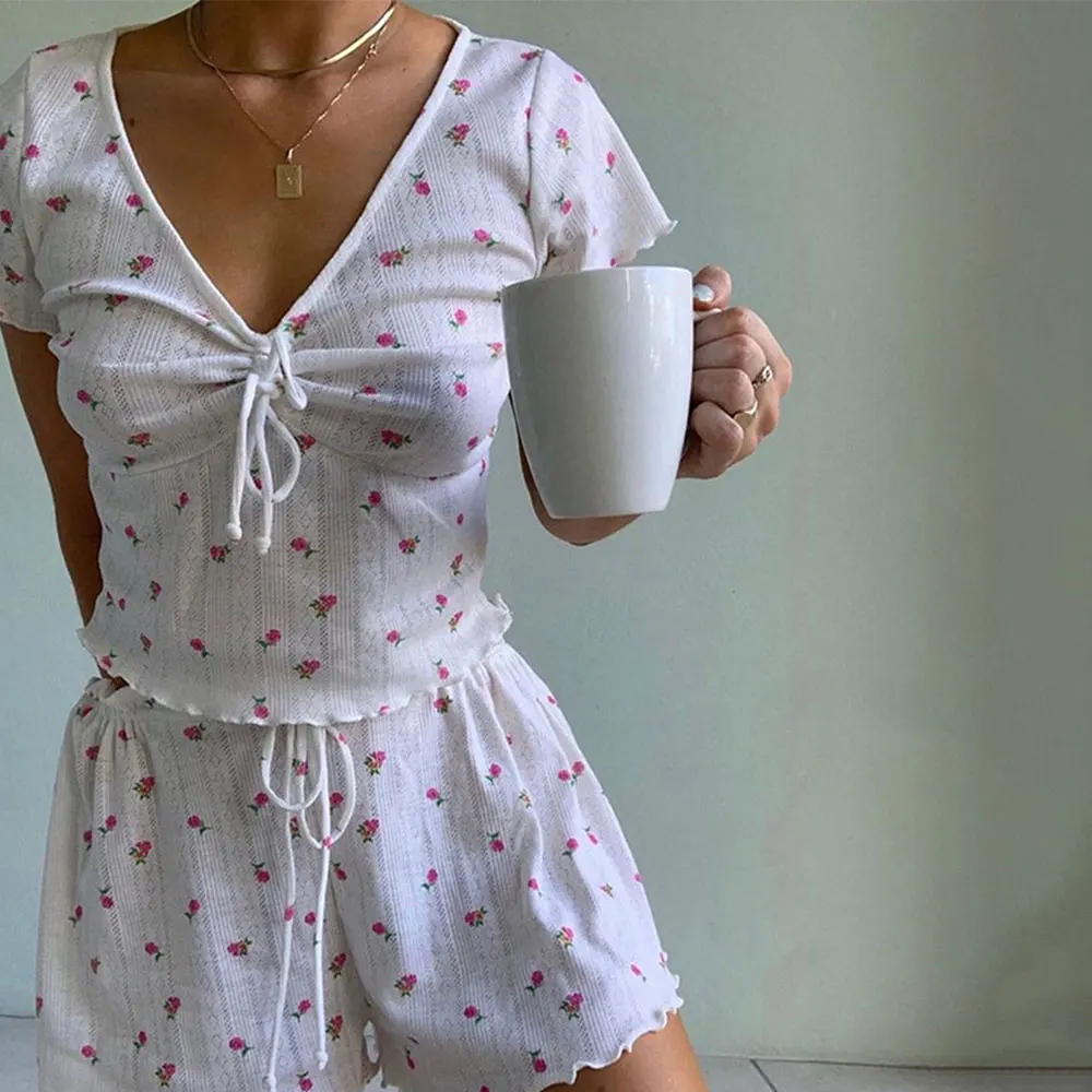 白色睡衣设置各地印刷睡眠套装超大露脐上衣睡衣