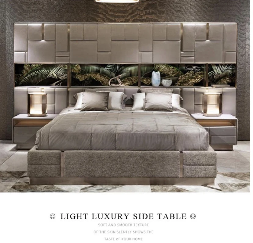Italian Latest Luxury Bedroom Furniture High End Leather Double Bed Big Headboard Luxury Modern