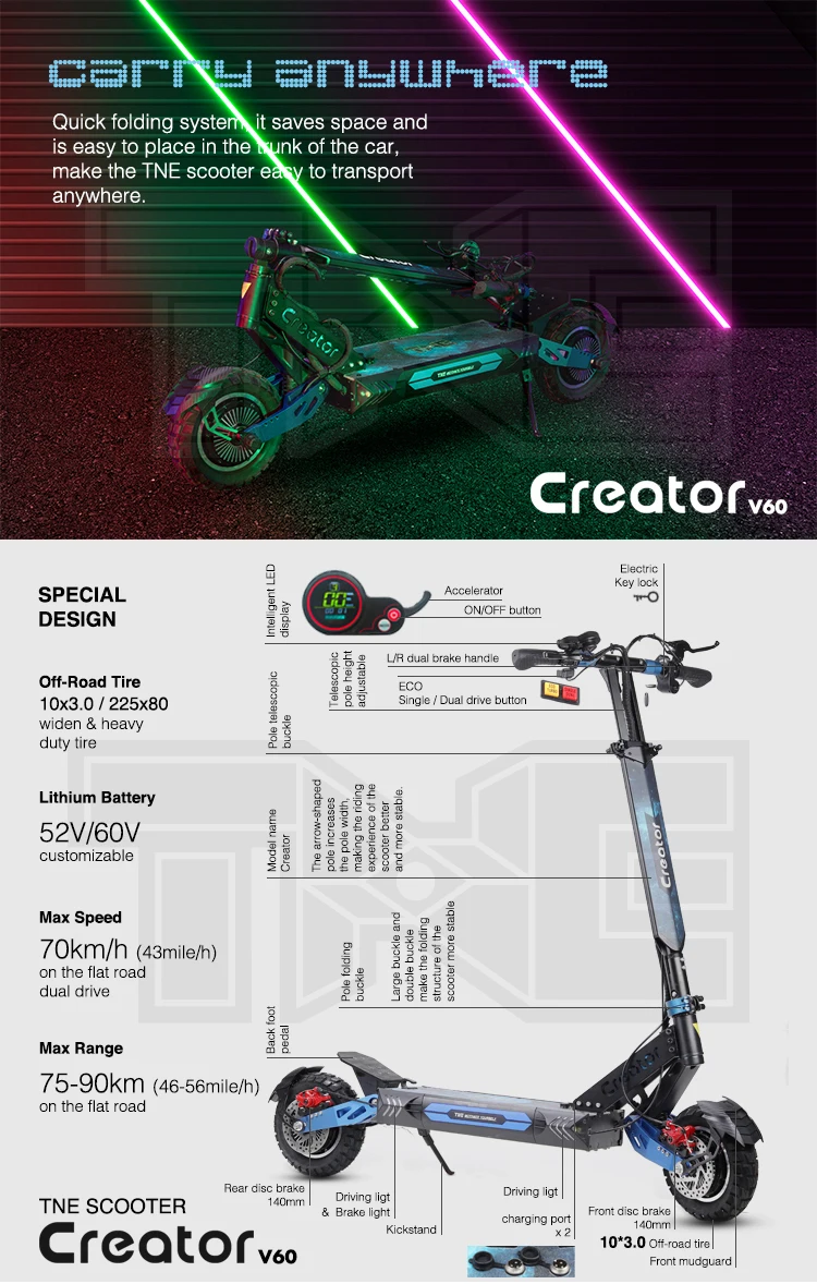 70kph TNE New Creator 60V 2400w 4000W off road electric scooter foldable trotinette electric