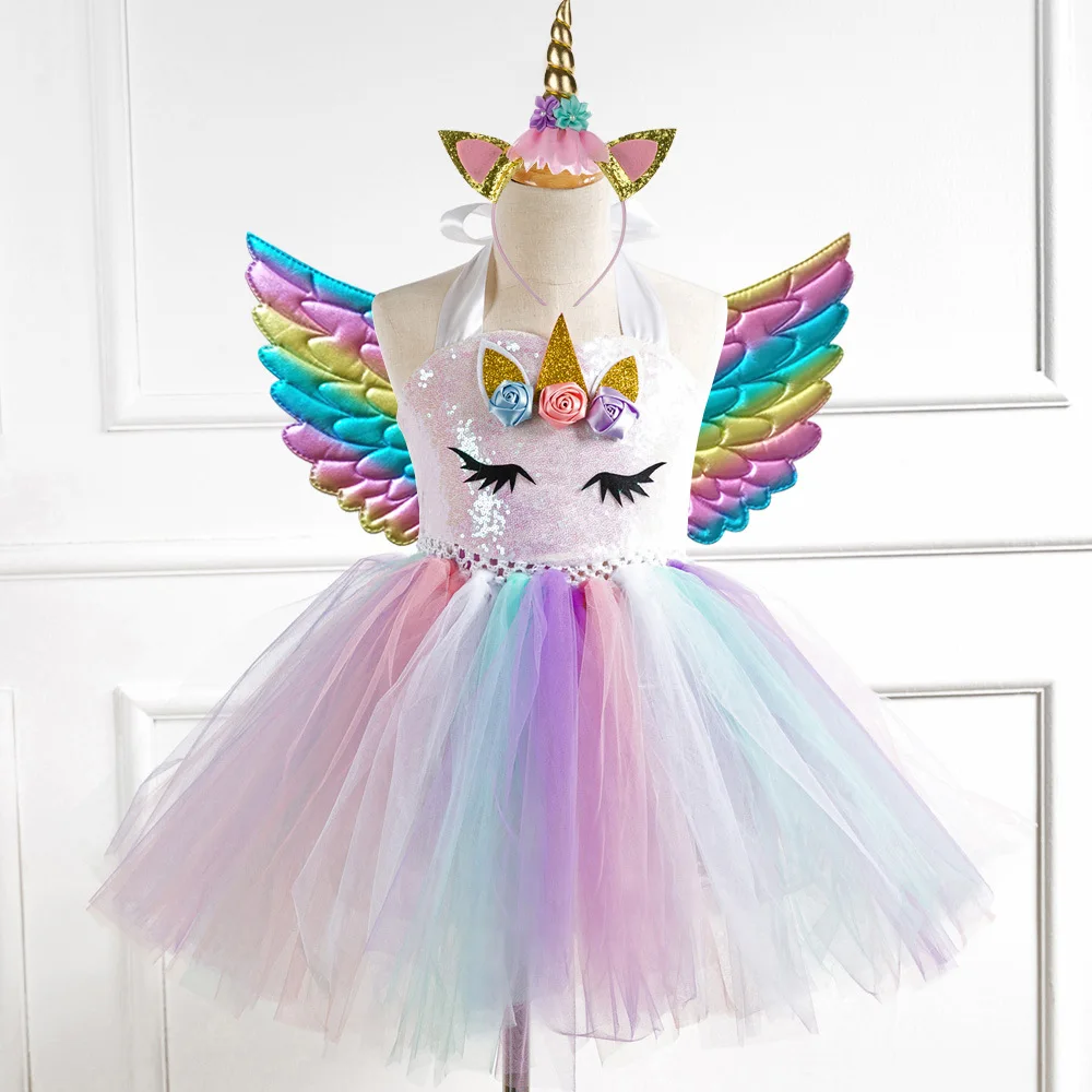 2-12 Years Unicorn Dress Girls With Headband and Wings Birthday Party Kids Girl Dresses 2-12 Years Unicorn Dress Girls With Headband and Wings Birthday Party Kids Girl Dresses