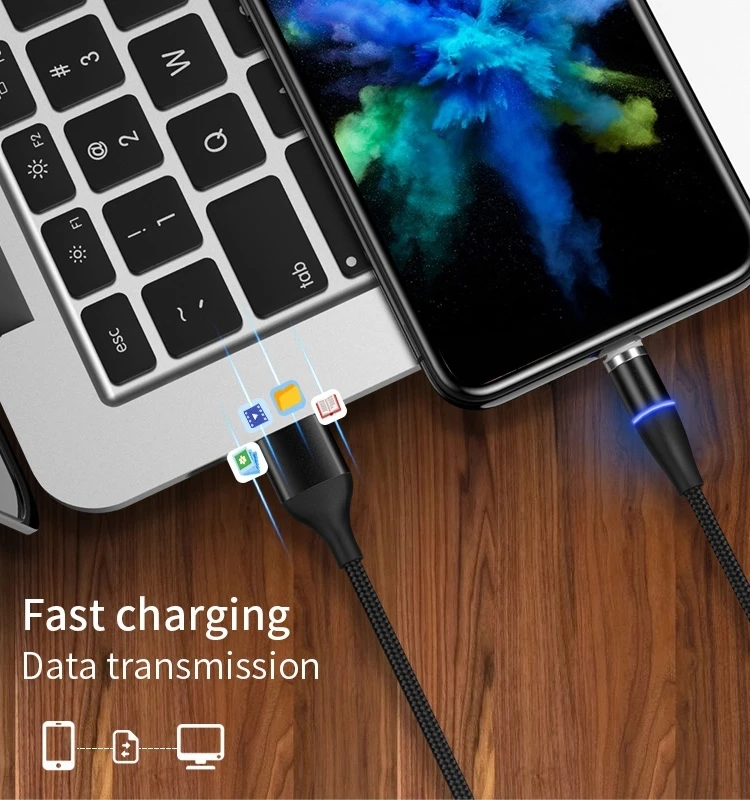 Nylon Braided 360 Degree Round 3A Led Magnetic Cable 3 in 1 Quick Charge Magnet Usb Cord for iPhone Android Type C - ANKUX.COM