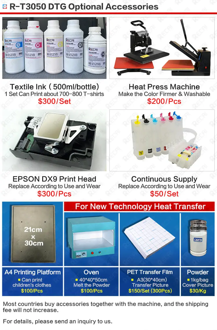 DX9 Print Head for Epson only $300 and $2200 RECAI A3 DTG Printer Tshirt Printing Machine