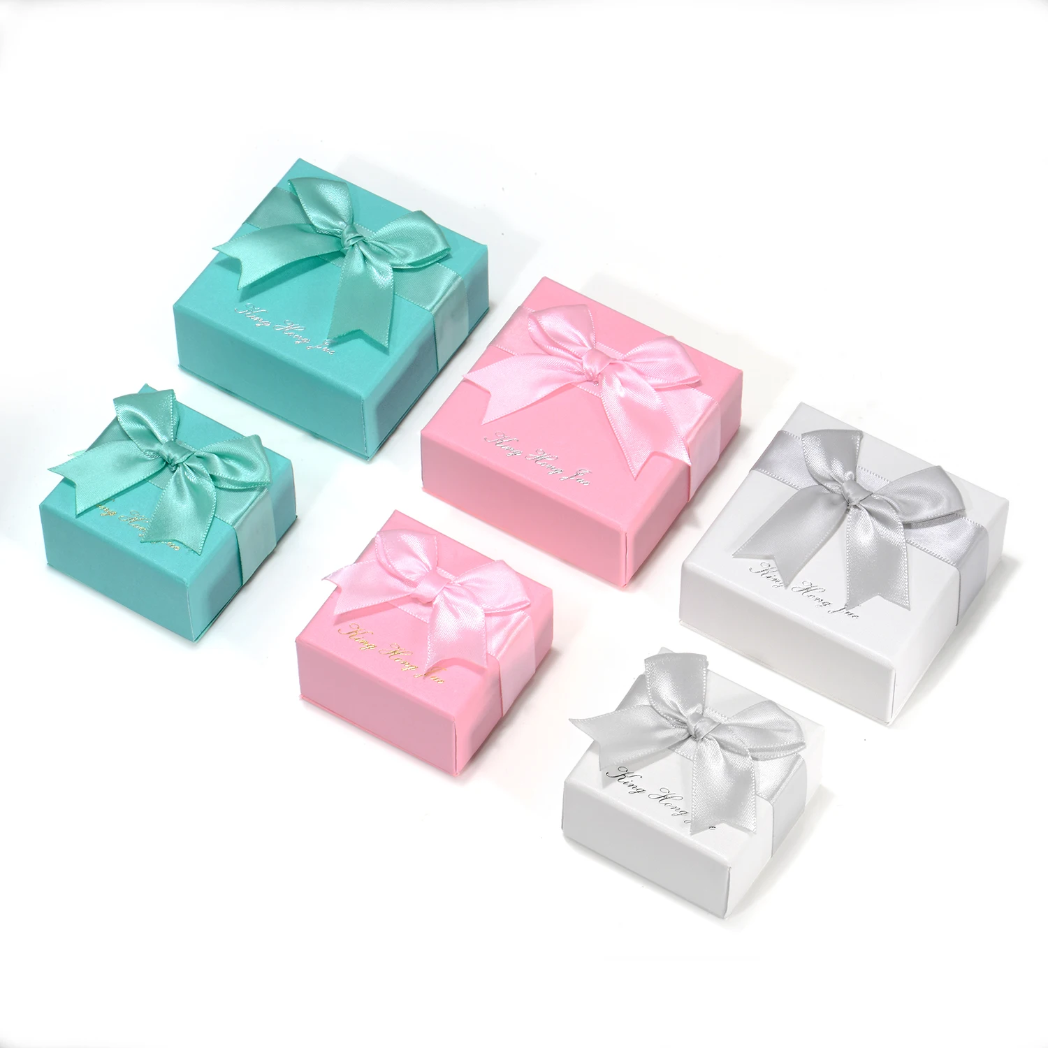 

High grade ribbon bow custom jewelry set earrings ring pendant jewelry packaging box with logo, Blue, pink, grey