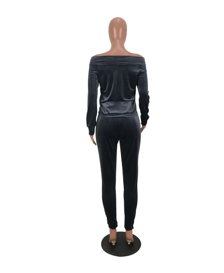 SAZH5055 off the shoulder hoodies and long trousers ladies two piece set women western velvet pant suit