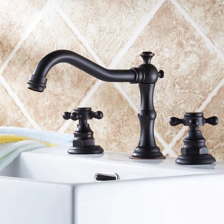Classic Style Antique Bronze Bathroom Separate Brass 3 Hole Basin Faucet With Ceramic Decoration