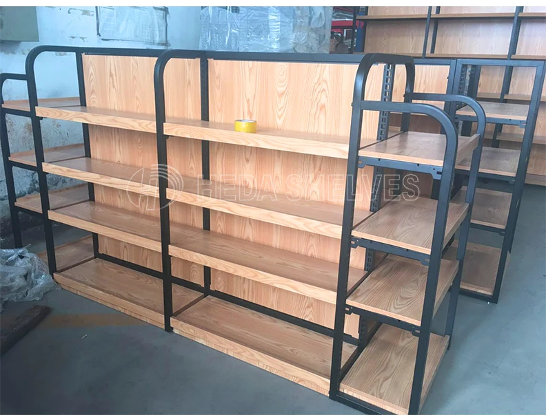 Retail Store Mdf Wood Shelving Supermarket Display Metal Shelf And ...