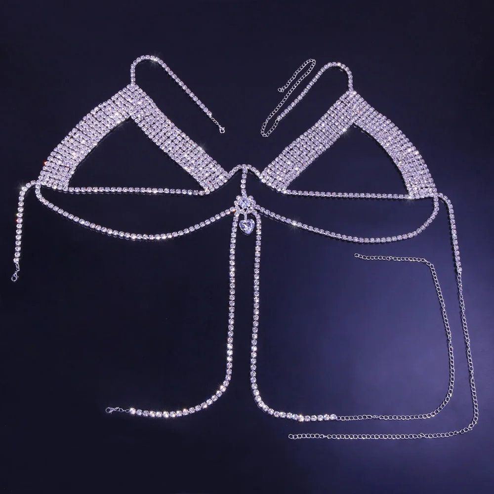 Women Shiny Crystal Rhinestone Mesh Body Bra Rhinestone Chain Bra Sexy