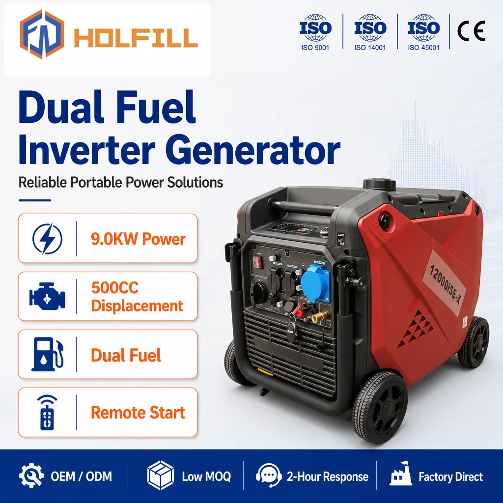 Dual-fuel inverter generator with digital display, wheels, and propane hose connection