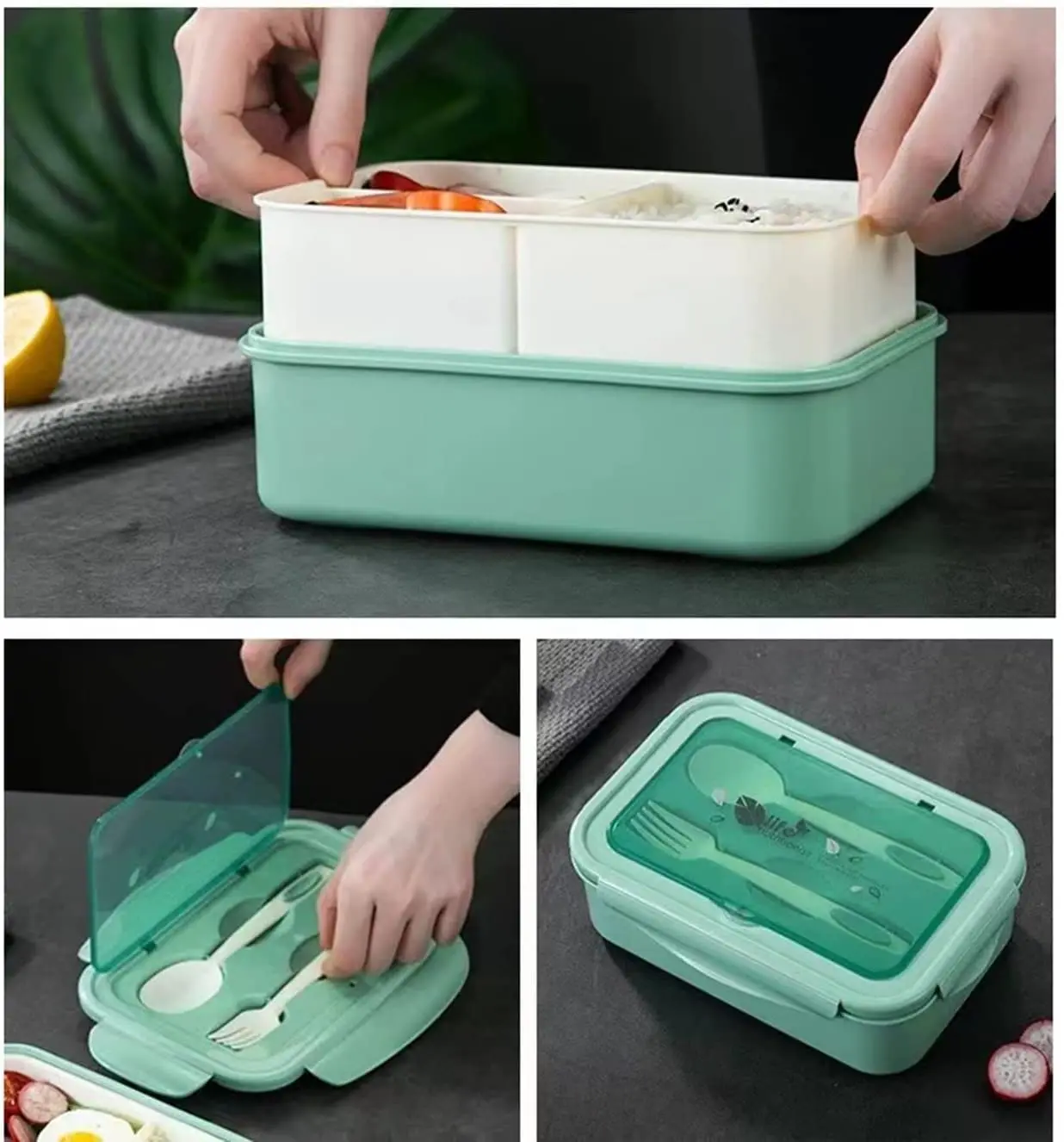 Adult/kids Lunch Box With Compartments With Spoon And Fork1400ml Bento Box,Bpa Free,Microwave