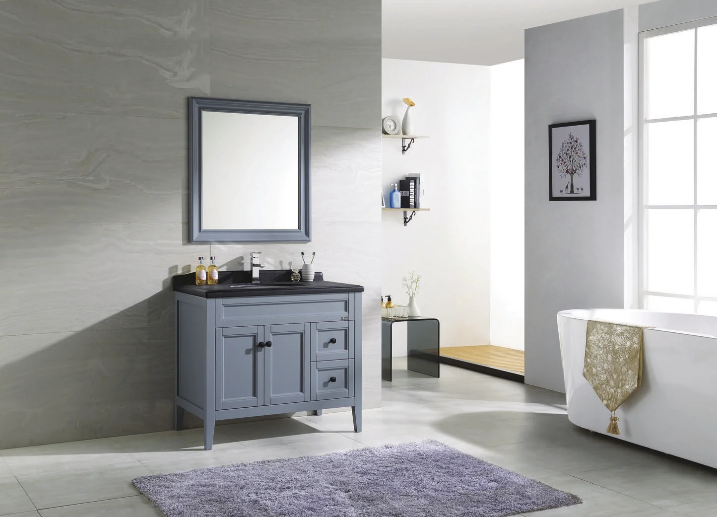 MS9004  bathroom furniture solid wood dresser floor independently installed marble basin cabinet and mirror