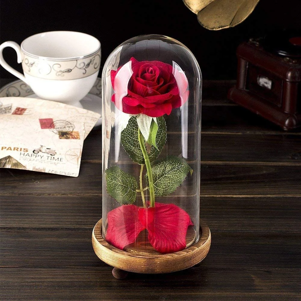 Eterna Rosa Roja En Una Cúpula De Vidrio Con Base De Madera Flor En Led