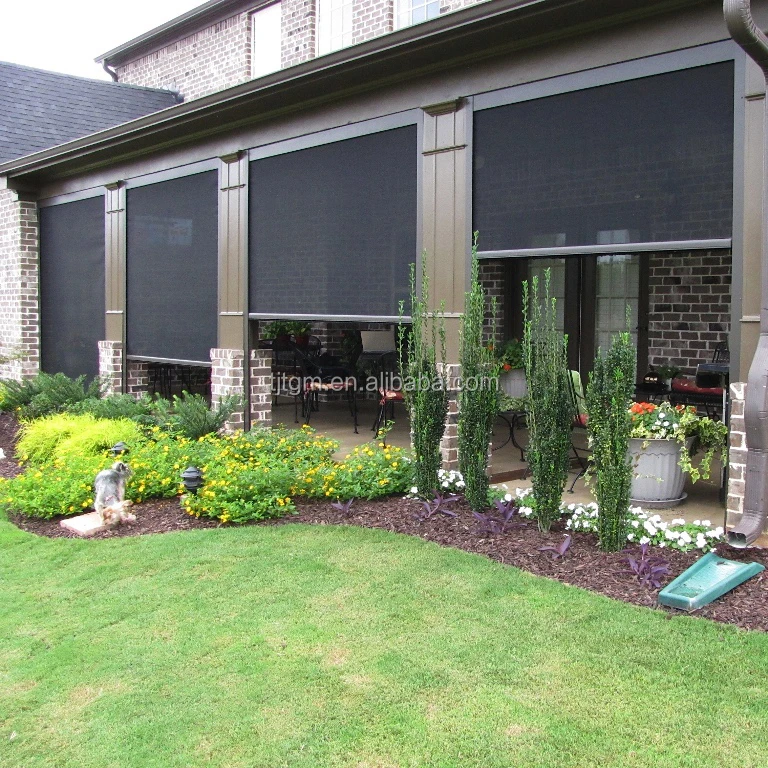 
Home hotel balcony decor 6 grade windproof blackout PVC and polyester fabric motorized outdoor zip track roller blind curtains 