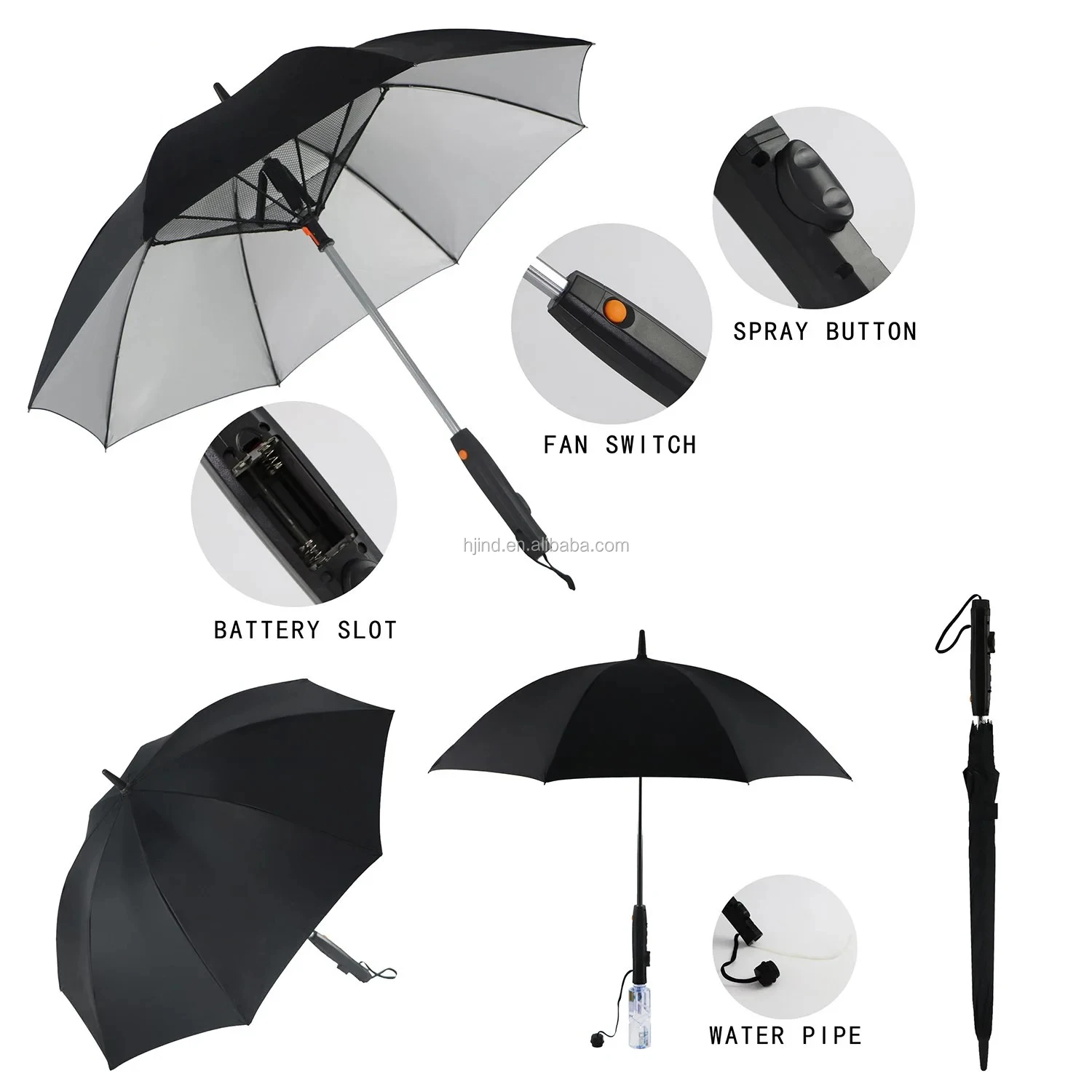 Newfangled Battery Power Outdoor Summer Sun Blast Mist Water Attach Fan Handle Straight Umbrella
