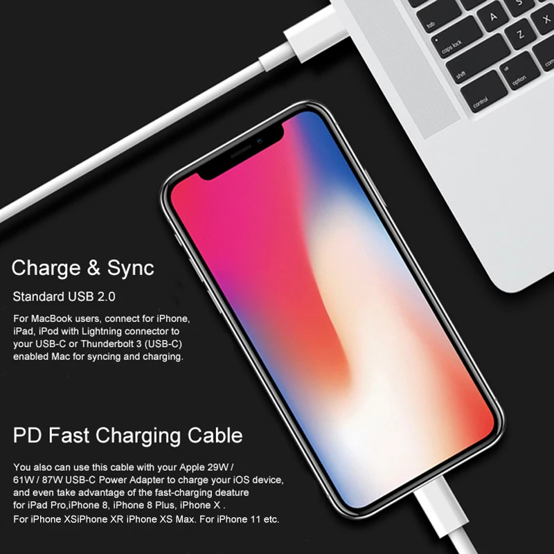 Original 1m/3ft usb c PD fast charging cable type c to 8pin charger cable for iphone 11 pro max 8 X - ANKUX.COM