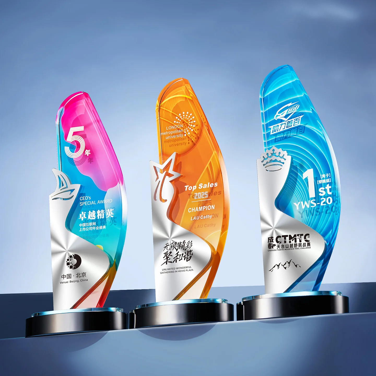 product durable sandblasted glass crystal trophy with uv printed graphics corporate gifts award on wooden base wdy 0417-8