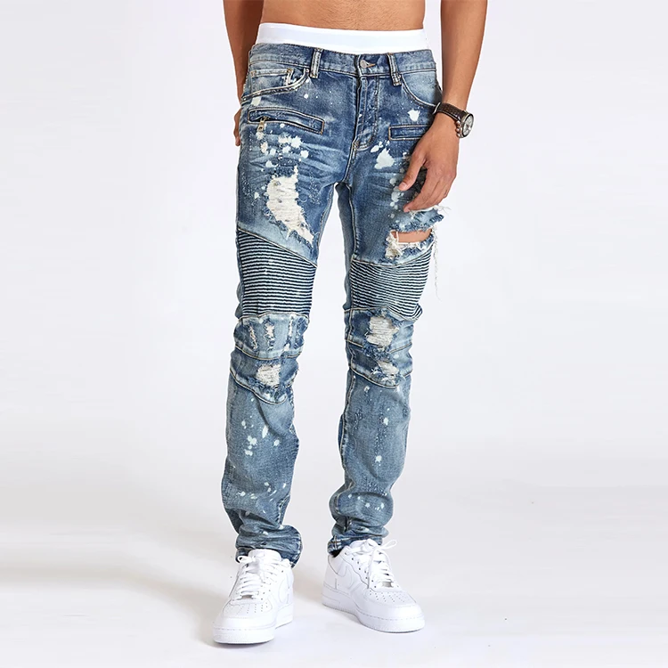 Streetwear Paint Splatter Design Mens Distressing Moto Denim Jeans