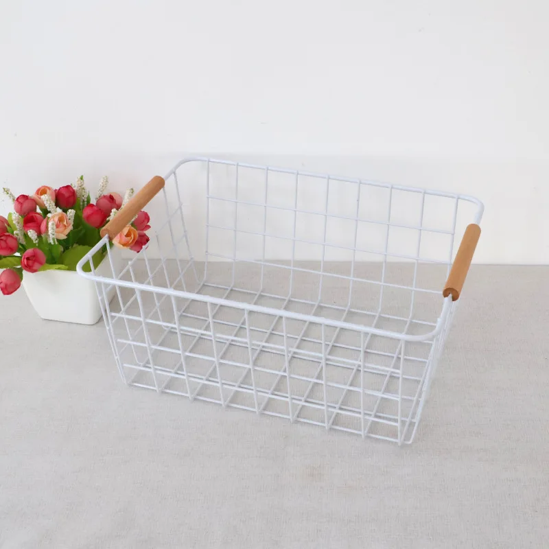 Hot Selling White Wire Baskets With Wooden Handles Popular Metal Wire