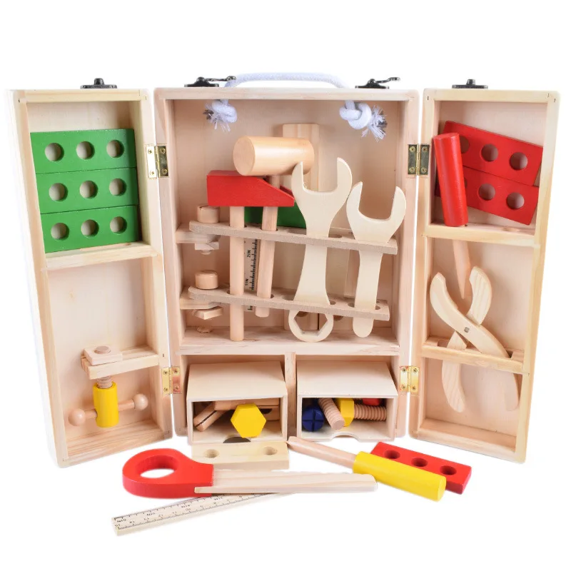 2020 Hot Wooden Tool Toys Diy Wooden Pretend Play Toolbox Educational ...