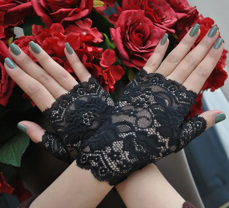 Womens Gold Floral Elastic Lace Fingerless Gloves 