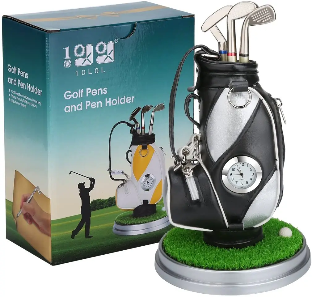 Desktop Golf Bag Pen Holder With Golf Pens Clock 6piece Set Of Golf Souvenir Event Souvenir