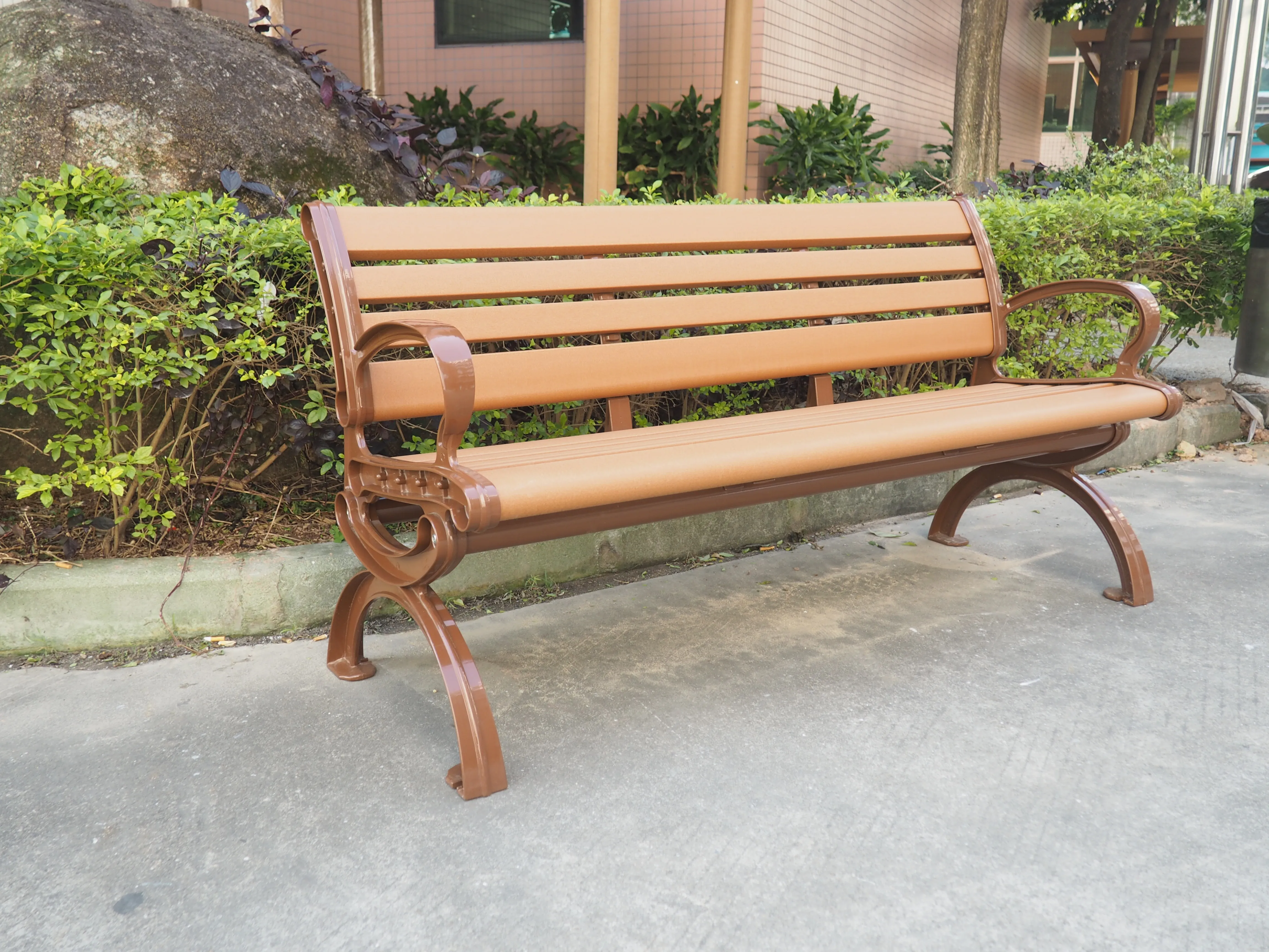 Garden Curved Wooden Plastic Slats Seating Bench Public Cast Aluminum ...