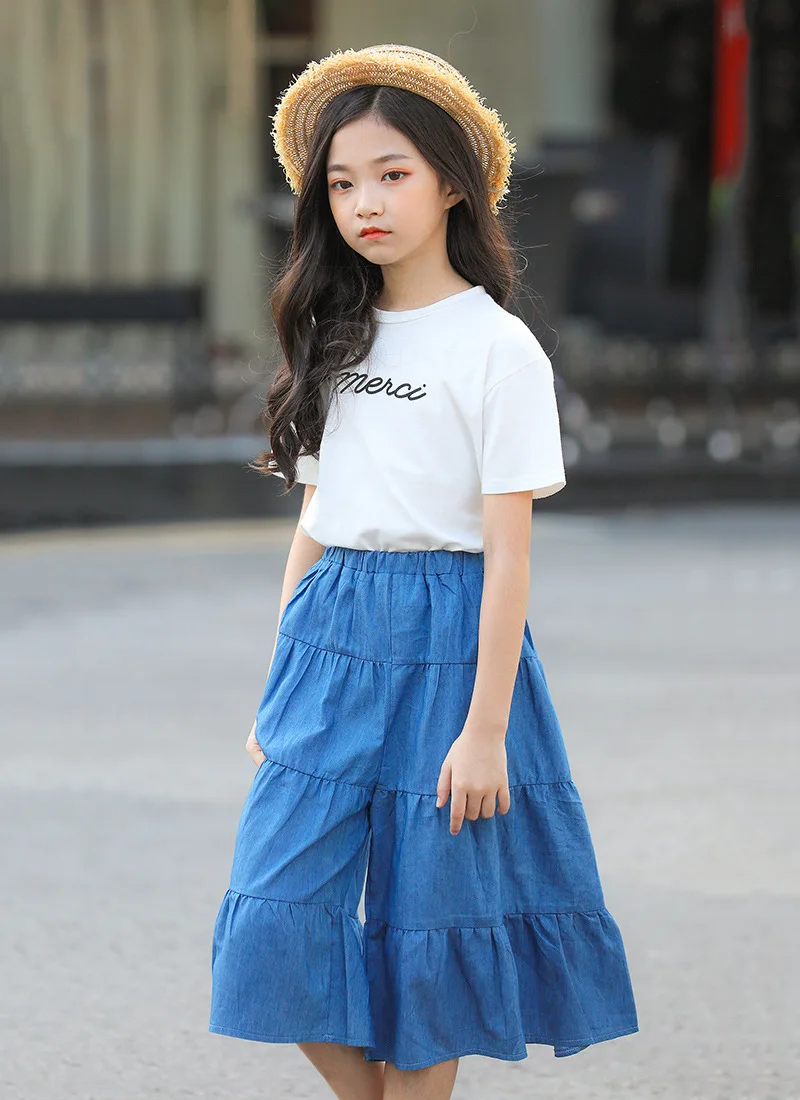 tecul 2020 夏季爆款女孩时尚牛仔裤阔腿裤修身 t恤两韩版休闲穿可爱