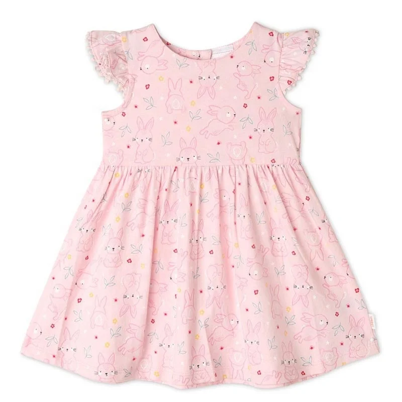 
Spring and Autumn New Design Bunny Print 100% Cotton Dresses Kids Baby Pink Dress 