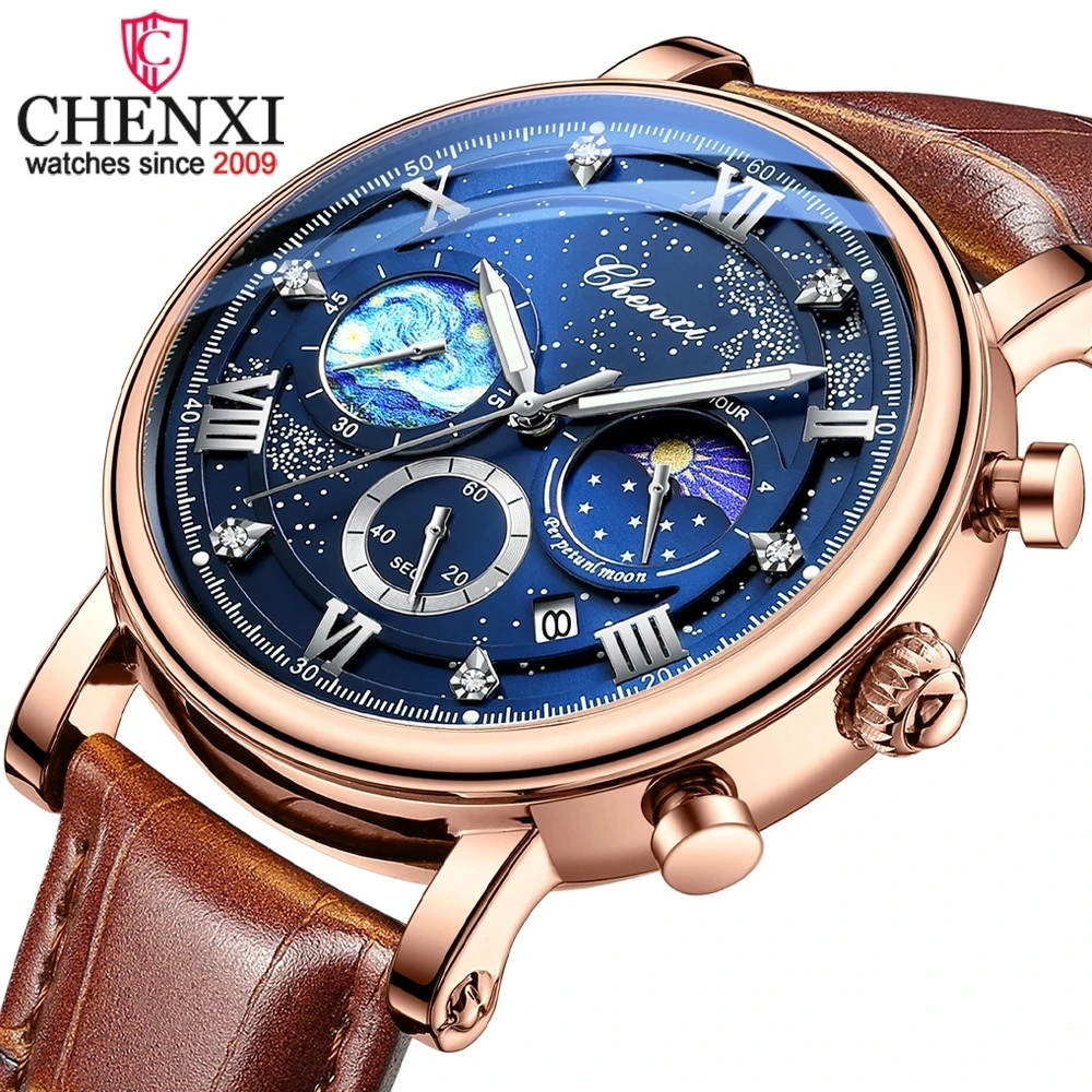 New 972 CHENXI Men's Luxury Waterproof Quartz Watch with Leather