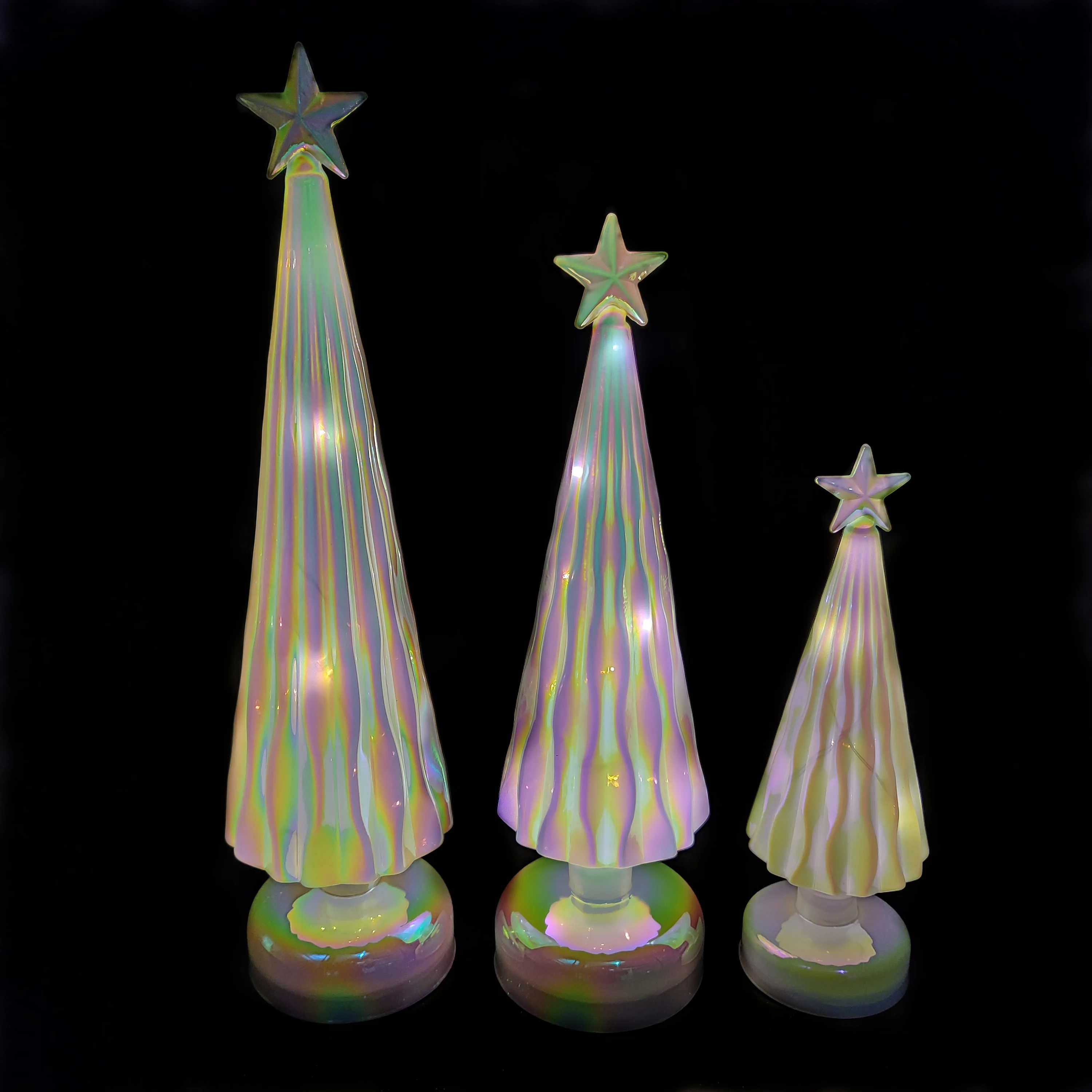 set of 3 battery operated light artifical led glass christmas tree rainbow finish Xmas decoration supplier