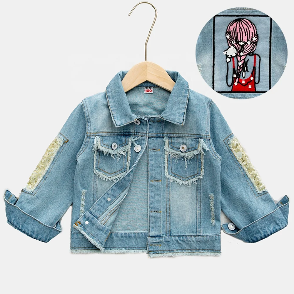 Little Girls Jeans Denim Jacket Bomber Baby Long Sleeve Sequined Jacket