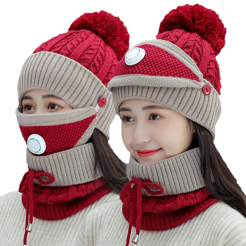 
3 pcs winter warm women knitted hat set with bib hat scarf breathing velvet 