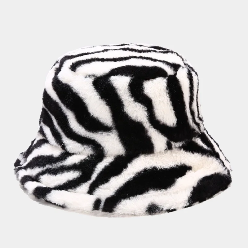 2021 trendy winter zebra pattern bucket hat korea style outdoor all-match Faux Fur warm hat for woman