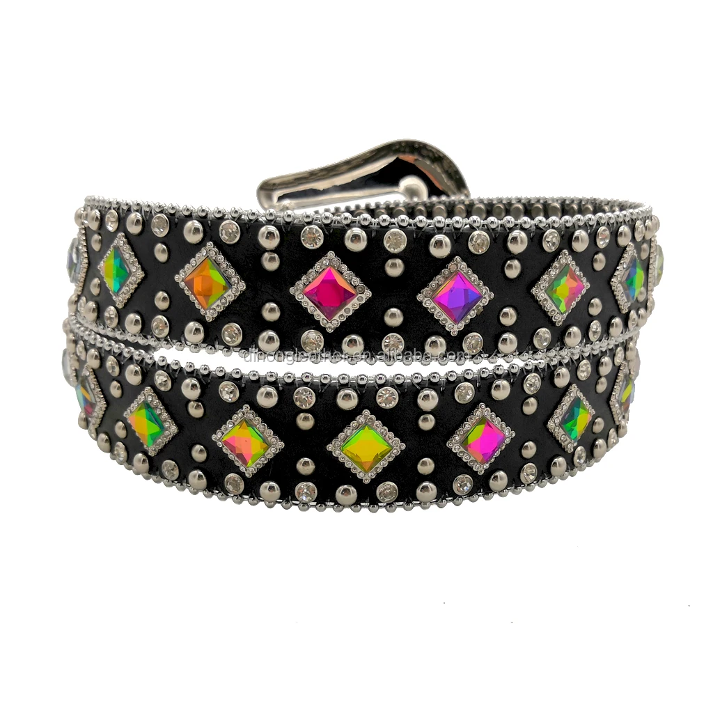 Womens Western Black Studded Belt Bling Colorful Crystal Diamond ...