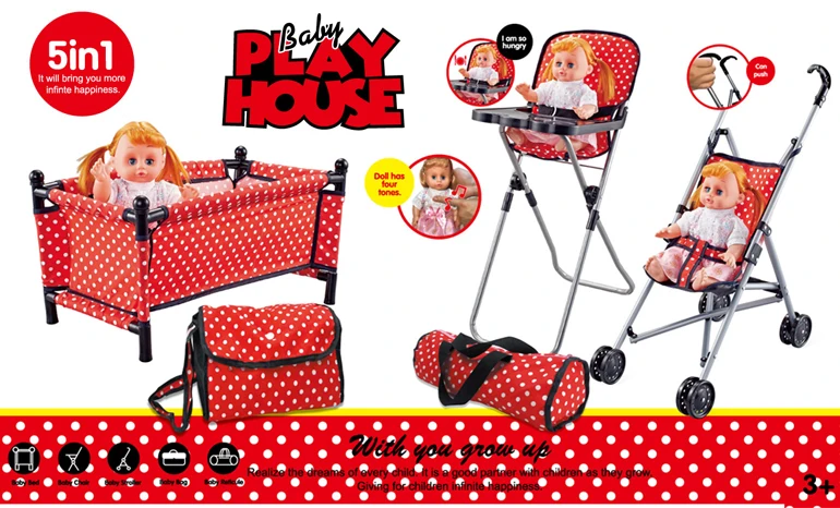 Hot selling girls lovely pretend play house baby doll stroller toy set