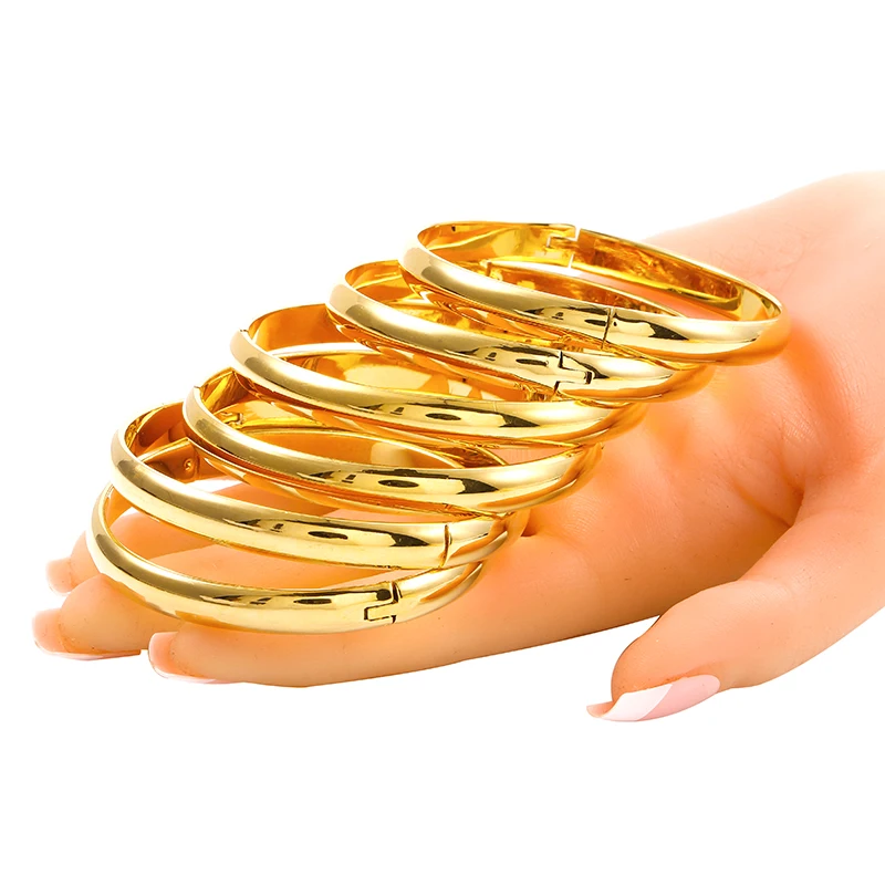 ethlyn 6 pcs/lot 女士高抛光简单金色手镯婚礼派对迪拜黄金首饰埃塞