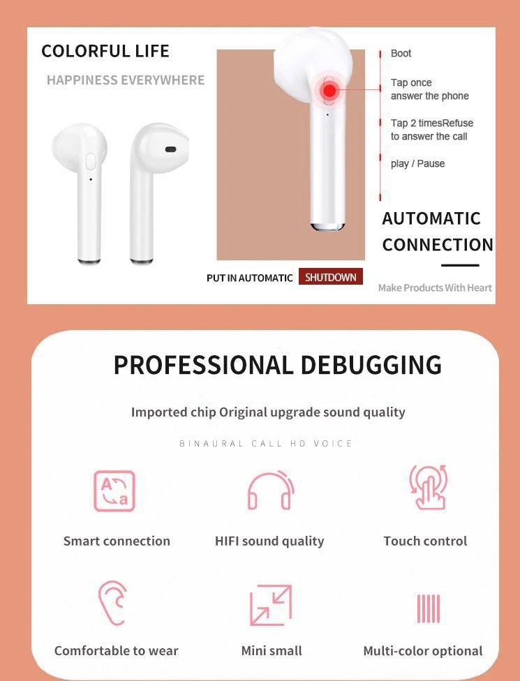 wholesale waterproof tws i7 / i7s 5.0 earphones bt wireless ear pods - ANKUX.COM