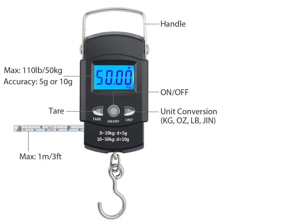 50kg/110lb Digital Electronic Luggage Scale Portable Suitcase Scale Handled Travel Bag Weighting Fish Hook Hanging Scale