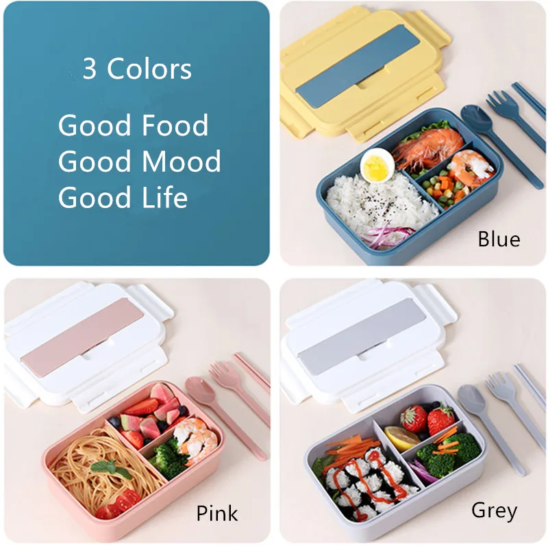 Plastic Pp Portable 3 Compartments Office Lunch Bento Box Students Kids