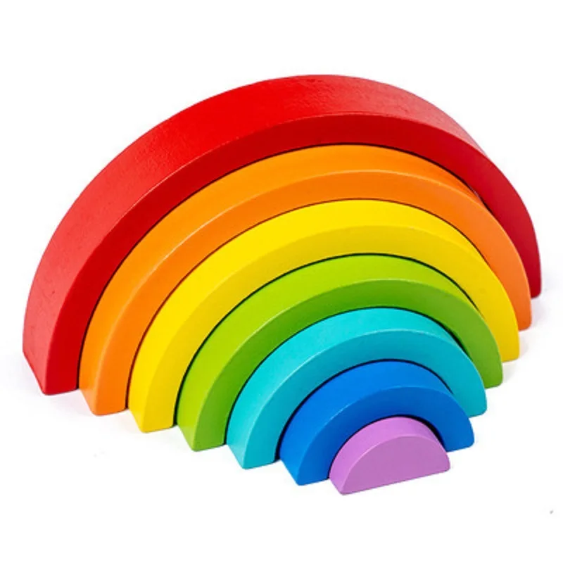 Wooden Rainbow Stacker Nesting Puzzle Blocks Tunnel Stacking Games Building Creative Color Shape