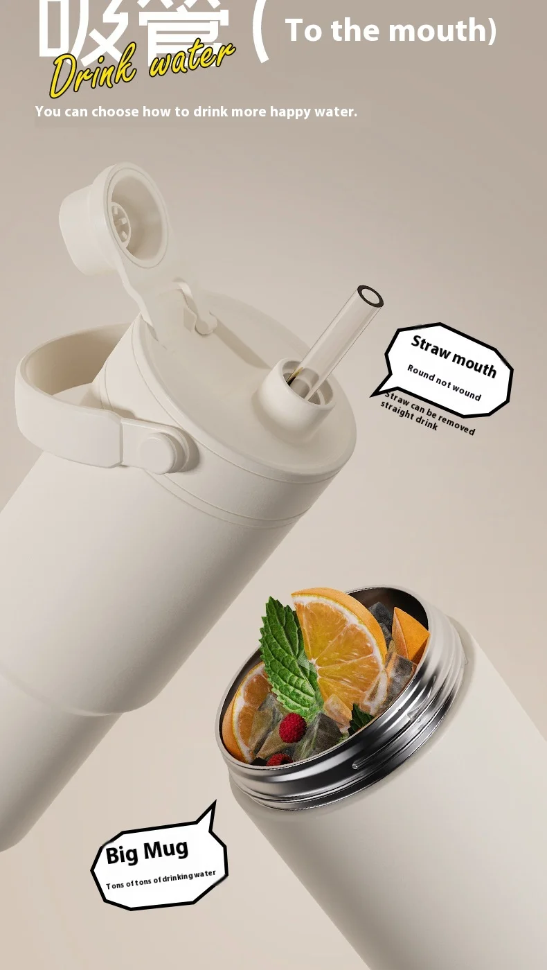 Large Capacity Stainless Steel Vacuum Flask Thermos Cup Striped Ceramic Liner Car Cup Tea Coffee On-The-Go Beverages