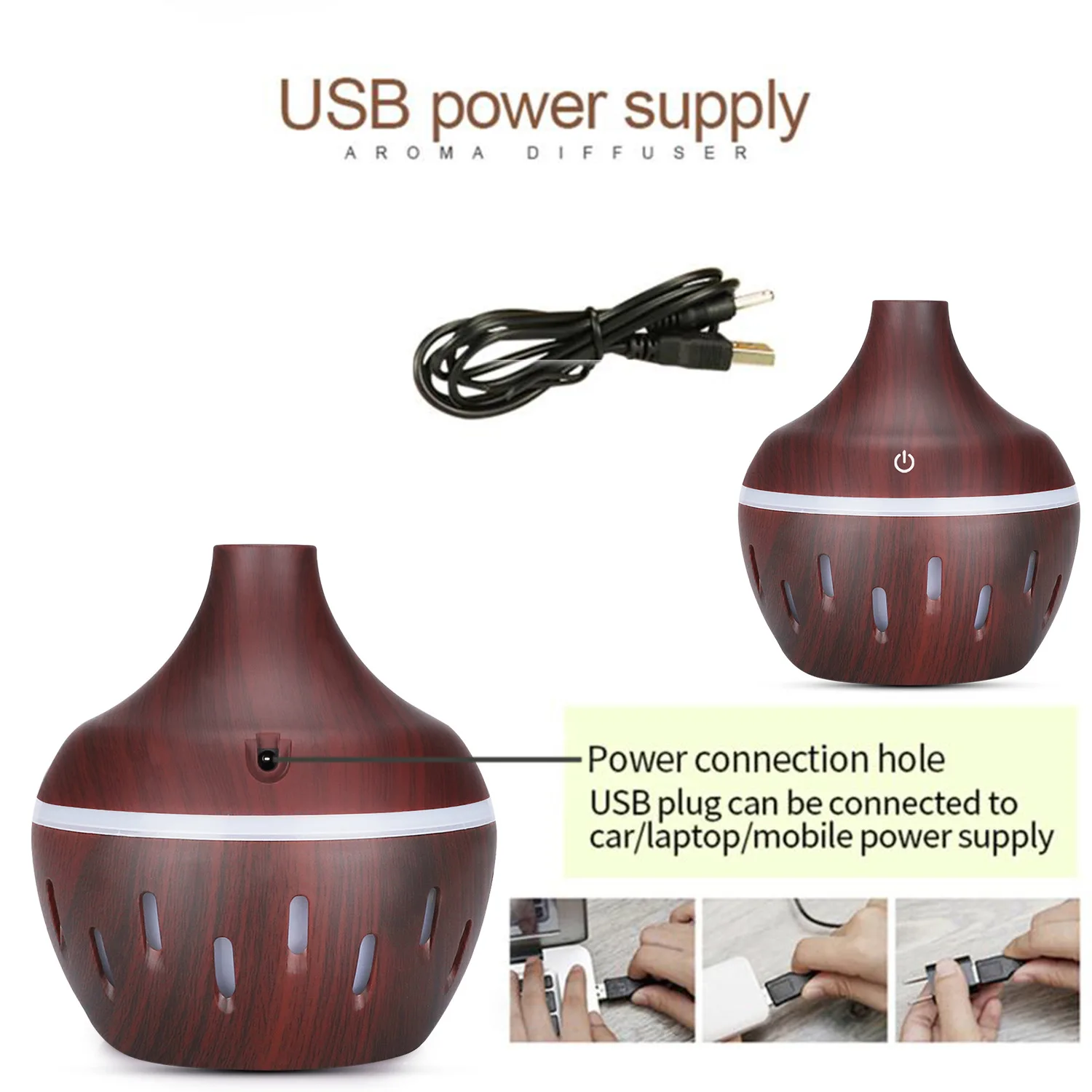 USB Air Humidifier Electric Aroma Diffuser Mist Wood Grain Oil Diffuser For Car Office Home Have 7 LED Light Humidifiers