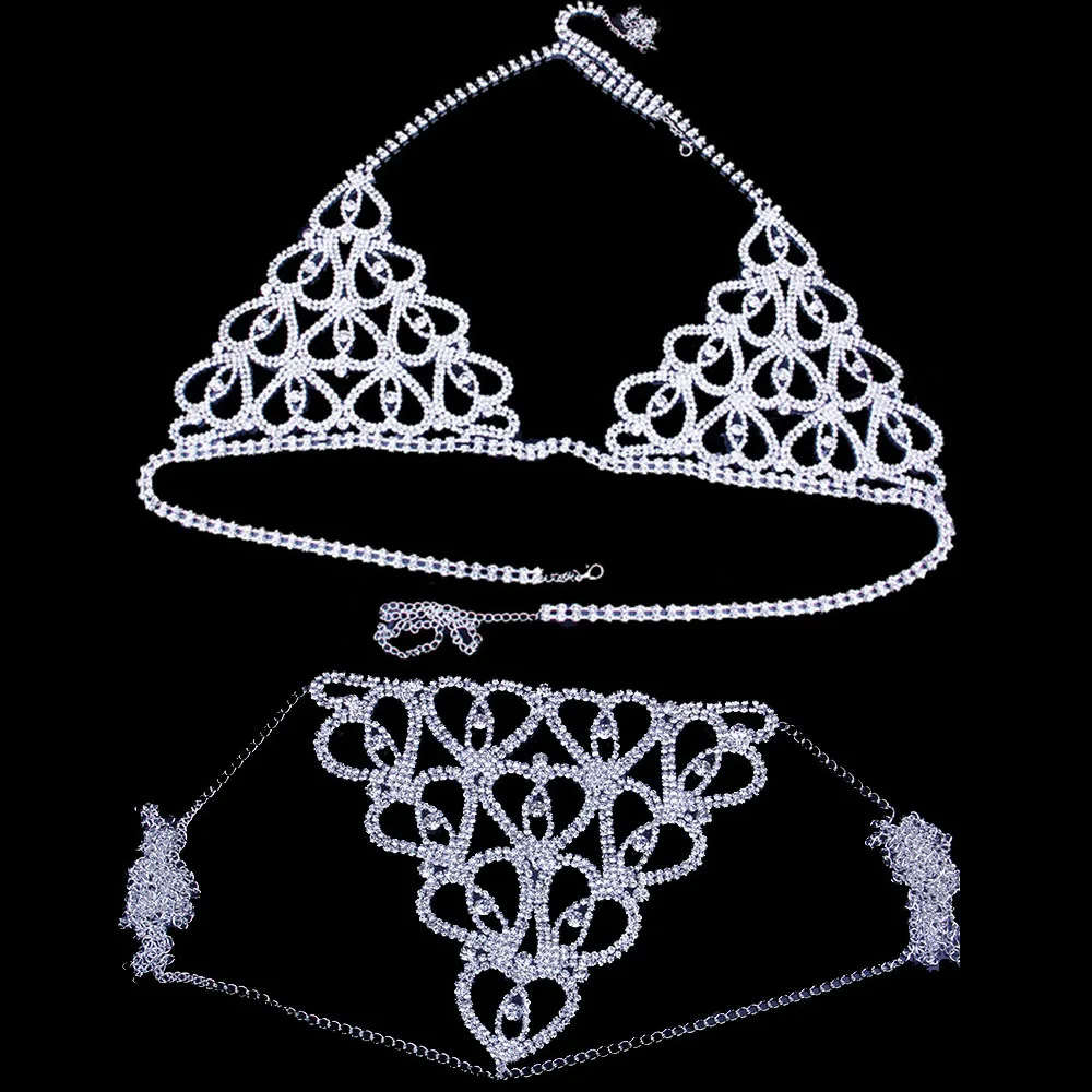 Sexy Body Chain Rhinestone Luxury Lingerie Set Love Heart Body Chain