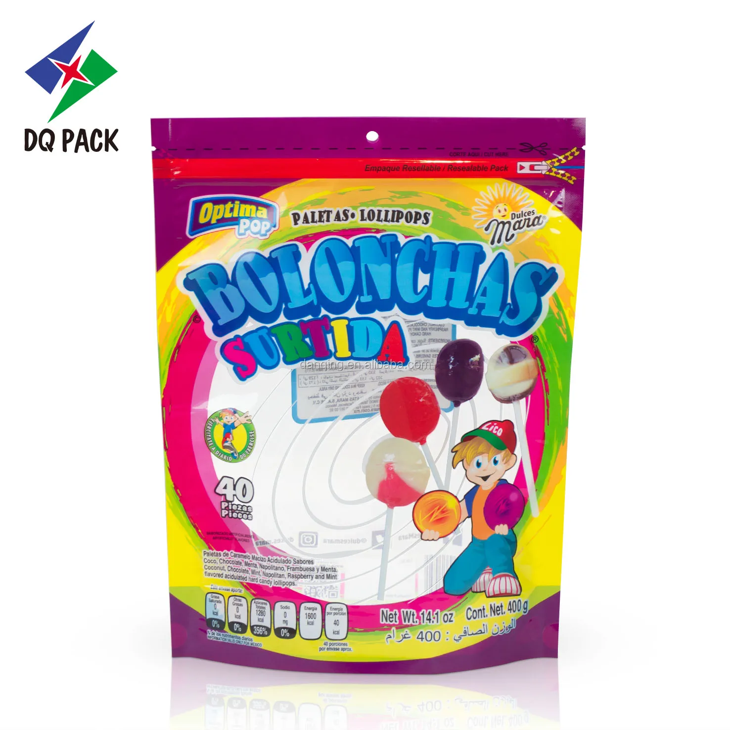 DQ PACK CHINA Mix Snack candy packaging Lollipop food  Stand Up Pouch with Zipper