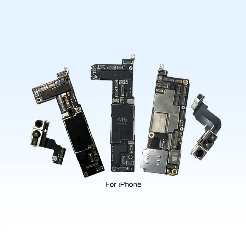 Side-by-side comparison of two iPhone 11 Pro Max logic boards—one with intact Face ID flex, one with damaged connector