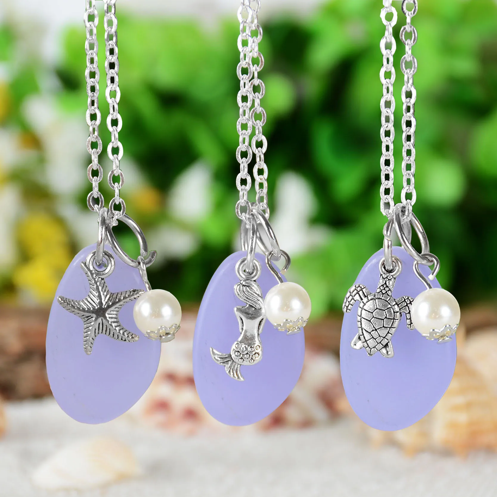 Ocean Turquoise Bay Blue Lavender Sea Glass Necklace Starfish Mermaid