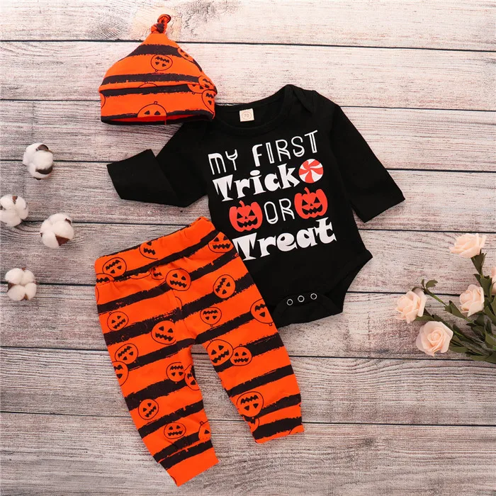 3PCS Baby Boys' Outfit Set Halloween Pumpkin Costume Long Sleeve Romper