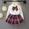 Children Girl School Clothes White Bowtie Blouse and Red Blue Plaid Pleated Skirt 2 pcs Toddler Student Outfit Clothing Set