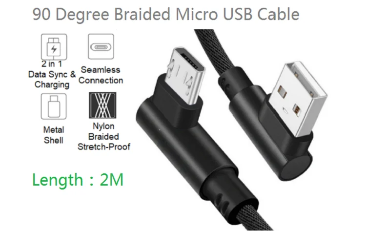 2m Trenzado de 90 grados de ángulo Derecho Micro USB Sync Cargador Cable de carga rápida de datos